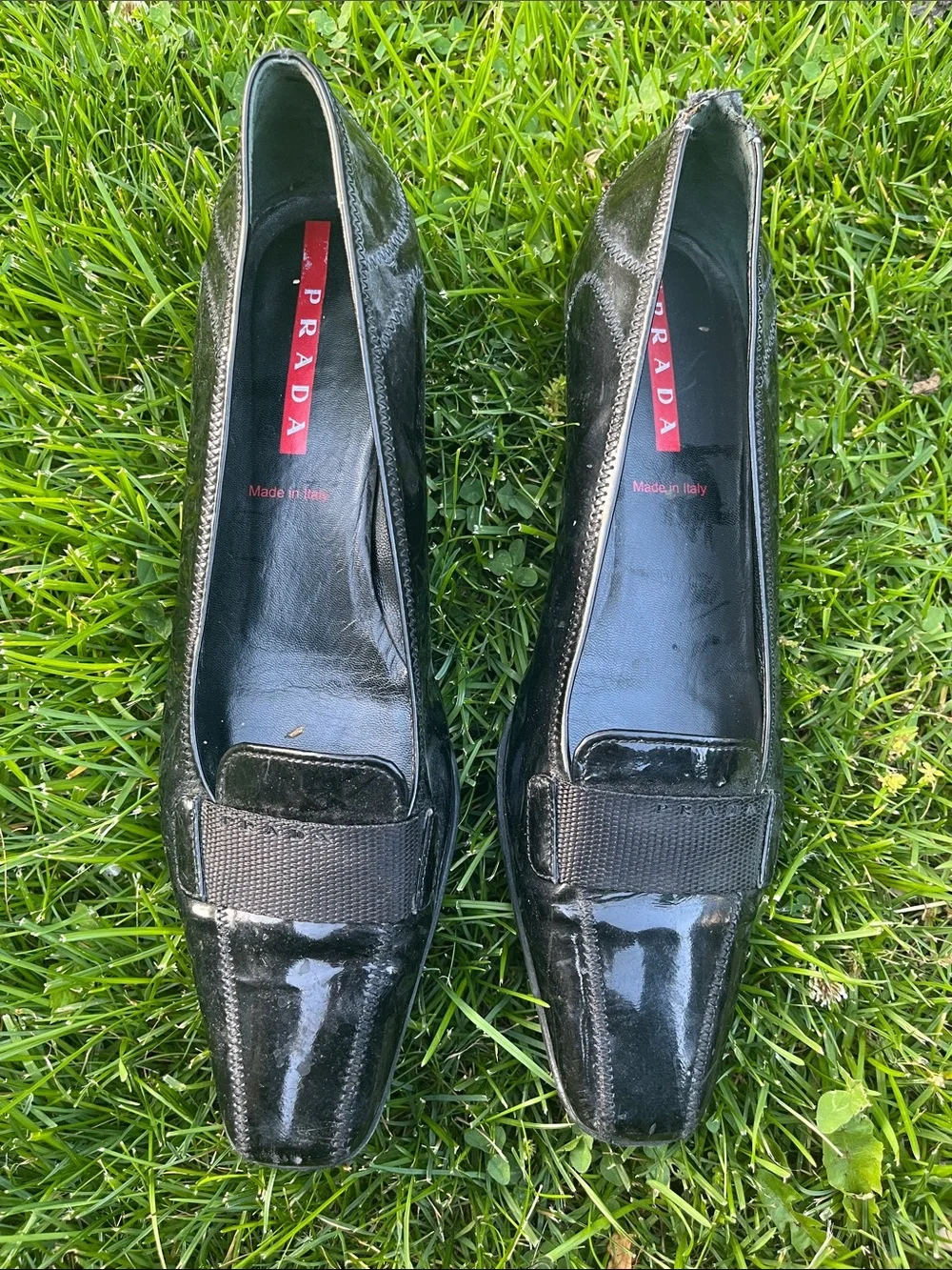 Prada Black Patent Leather Slip-On Loafers Prada Black Patent Leather Silver Logo Platform Loafer  main image 3